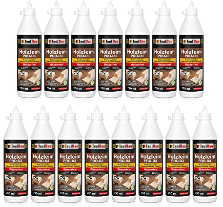 Isolbau Holzleim PRO-D3-15 x 750 ml (860 g) Extra starker Holzkleber für alle Holzarten, für Innen & Außen, Wasserfest, Lösemittelfrei