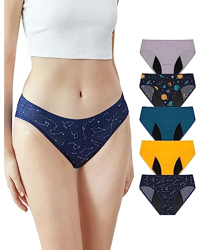 Neione Culotte Menstruelle Flux Moyen Slip Bresilien en Modal pour Règle Adolescente Fille Bikini Menstruel Lot de 5 Galaxy XXS