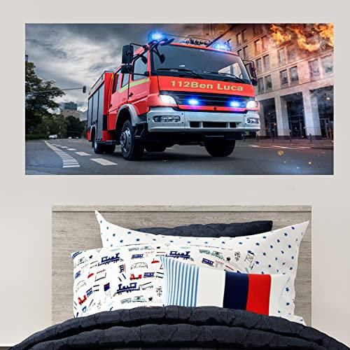 tjapalo® p63 Feuerwehr Poster mit Namen Wandbild Feuerwehr Wandbild Kinderzimmer jungen Plakat Feuerwehr Bild mit Name, Größe: B70xH35cm