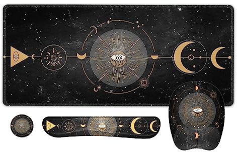 Anyshock Desk Matt, Gaming Mouse Pad with Wrist Rest, Keyboard Wrist Rest, 4 in 1 Ergonomic Desk Pad Mat XXL Large with Coaster Set, Non-Slip Big Keyboard Mat for Office School, Black Moon Sun Phase