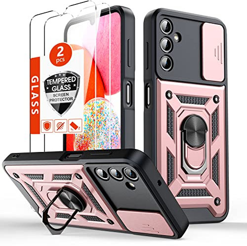 Coque Pour Samsung Galaxy A14 4G/5G avec 2 verre trempé, Protection de l'appareil photo avec couvercle coulissant, résistant aux chocs et aux rayures, support de téléphone pivotant à 360 degrés - rose