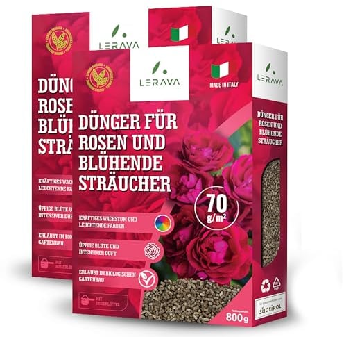 LERAVA® Engrais Rosier et Arbustes à Fleurs organique - 2 x 800g - Favorisant une Croissance Vigoureuse et Couleurs Éclatantes - engrais rosier extérieur avec bouchon - engrais bio 100% Made in Italy