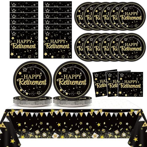 Qyeahkj 24 Guests Happy Retirement Party Plates Napkins Tablecloth Supplies Set Black and Gold Retirement Disposable Tableware Dinnerware Decorations Favors for Men Women Say Goodbye Party, QY0333
