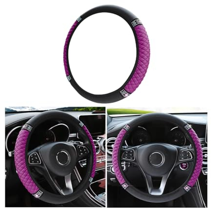 CGEAMDY Auto-Lenkradbezug, Leder Bestickte Farbe Diamantbesetzte Elastische Lenkradabdeckung, Anti Rutsch Universal Auto Lenkradhülle, Für Alle Jahreszeiten (Lila)