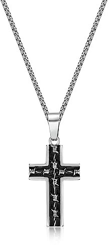 Metro Jewelry Stainless Steel with Black Ion Plating Barbed Wire Cross Pendant Necklace for Men - 24 Inches Long Chain Necklace - Lobster Claw Clasp, Metal, No Gemstone