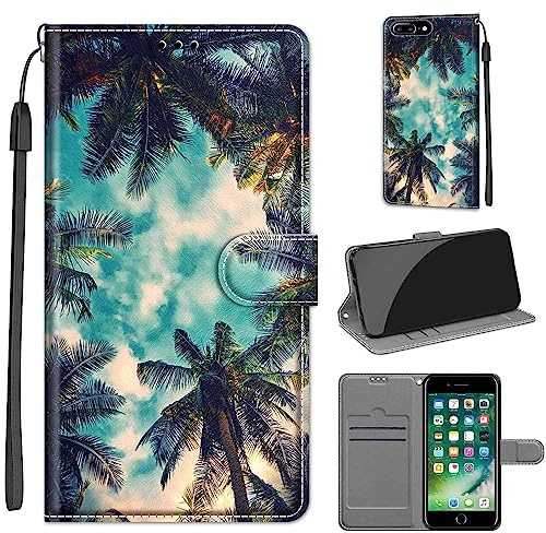 TOMYOU PU Leather Wallet Case for iPhone 7 Plus/8 Plus, Coconut tree | Pouch Design, Book Flip Folio, Magnet Closure, Kickstand, Card Slots, Wrist Strap Lanyard, Pattern Style