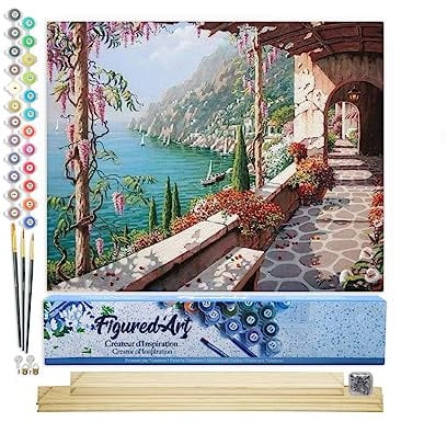 Figured'Art Peinture par Numéro Adulte Vue Mer depuis le Patio - Activité Manuelle Kit de Loisir Créatif DIY Numéro d'Art Complet - 40x50cm avec châssis en bois à monter