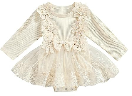 ESSECMBS Pagliaccetto con Maniche Lunghe Neonata Tutina Invernale Bimba con Bowknot Body Elegante Neonata Abito da Battesimo in Pizzo Bianco con Maniche Volant in Pizzo Festa (Albicocca, 3-6 Months)