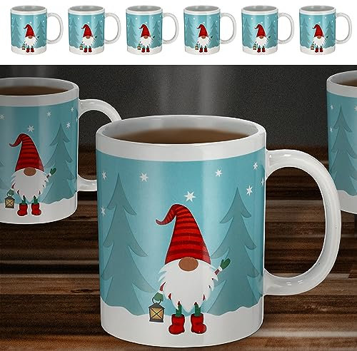 Cepewa Kaffeebecher | 13x9x9cm Emaille Eisen Metall weiß 450 ml | Henkelbecher mit Motive (1 x 6er Set Kaffeetasse Wichtel)