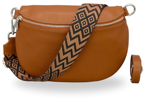 BRISE Bauchtasche Damen Echtleder AFIA Silber Handgemachte Umhängetasche Crossbody Bag mit Ledergurt + Optionalen Breiten Gemusterten Riemen 3 Fächer Hüfttasche Made in Italy (Cognac Braun-Silber 2)