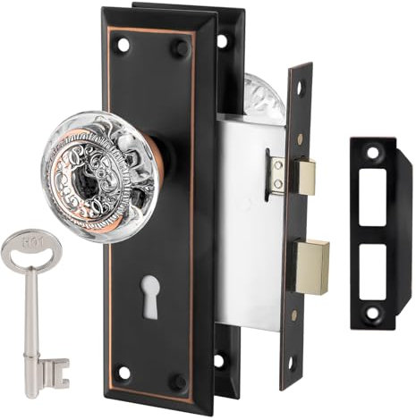 ToPToToo Mortise Lock Set Interior Door, Glass Door Knobs with Lock,Old Style Door Knob Replacement, Vintage Antique Door Lock with Skeleton Key,Classic Oil Rubbed Bronze Finish