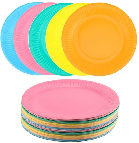 PINGEUI 200 Pack Colorful Party Paper Plates, 7 Inch Macaron Round Dessert Plates for Wedding Birthday Party, 5 Colours