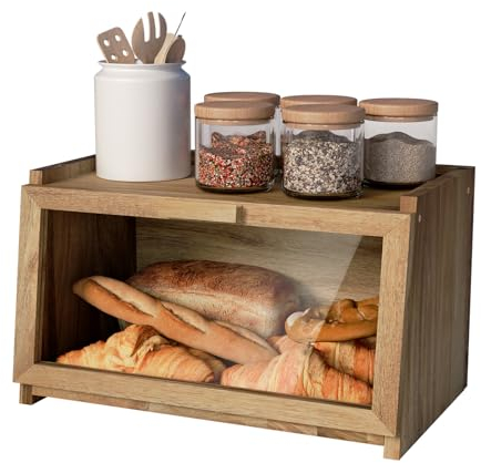 Acacia Wood Bread Box for Kitchen Countertop, Large Wooden Bread Storage Container, with Clear Window Back Air Vent and Anti-falling Design, Bread Boxes for Keeping Food Fresh in Home and Kitchen