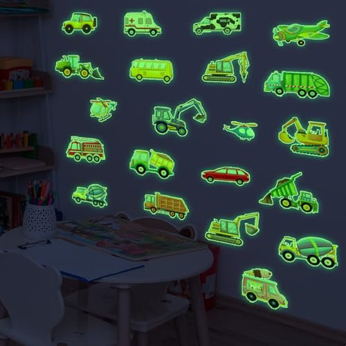 Baufahrzeug Wandtattoo Leuchtend Wandaufkleber Transporte Fahrzeuge Wandsticker Leuchtsticker Selbstklebend Wandsticker Konstruktion LKW Traktor Bagger Leuchtsticker für Junge Kinderzimmer Deko Grün