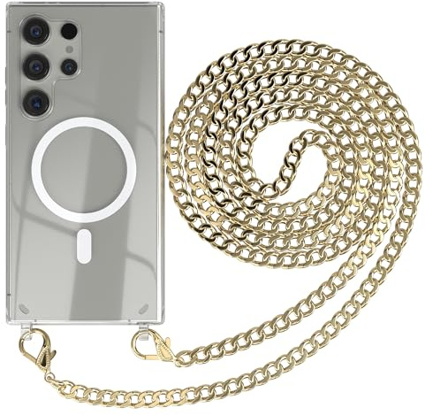 EAZY CASE - Handykette kompatibel mit Samsung Galaxy S24 Ultra Kette zum Umhängen Stoßfest Handyhülle für Galaxy S24 Ultra Silikon Hülle mit Band aus Metall Handytasche Transparent Fallschutz in Gold