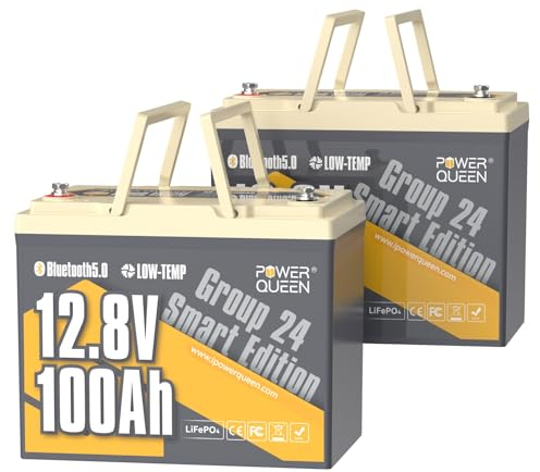 Power Queen LiFePO4 Batterie 12,8V 100Ah mit Bluetooth Gruppe 24,über 4000 DeepCycle Zeiten, langlebige Batterie Perfekt für Wohnmobil, Wohnmobile, Trolling Motor und Camping 2-Pack