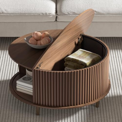 JOINICE,Round Coffee Table with Storage,Fluted Center Table with Sliding Cabinet Door for Living Room,Home Small Space,31.5 Small Center Table,Walnut