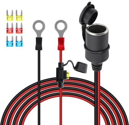 GELRHONR Cigarette Lighter Socket to O Ring Terminal,12V-24V 6mm Ring Eyelet Terminal to Female Cigarette Lighter Socket Extension Cable with 20A Fuse for Car Inverter Air Pump and DIY (3M/9.84FT)