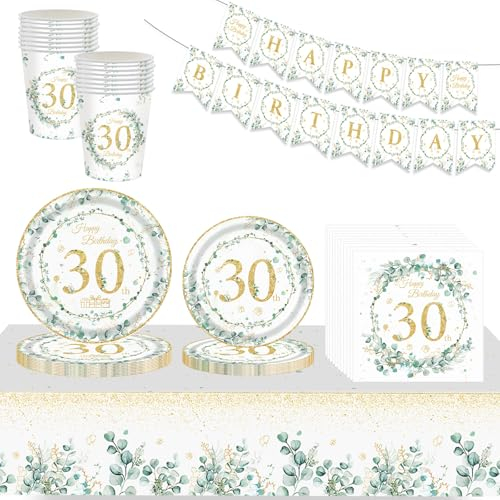 70P Sage Green 30th Birthday Tableware Set,Eucalyptus Green Happy Birthday Banner with Green Paper Cups Napkins Plates Sage Green 30th Table Cloth,Green Gold Dinnerware Kit for Her 30th Birthday Décor