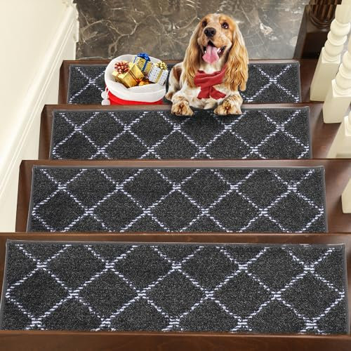 BEQHAUSE Treppenstufen Matten, 4 Stück Treppenteppich, 22 * 70cm Stufenmatten Selbstklebend 100% Polyester TPE-Rücken, Geeignet für alle Arten von Treppen, Wiederverwendbar, Dunkelgrau