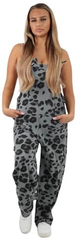 Dungaree Women Leopard Print Jersey Dungaree Jumpsuits Front Tie Knot Design Casual Easy to Wear UK Big Leopard Grey 16-18