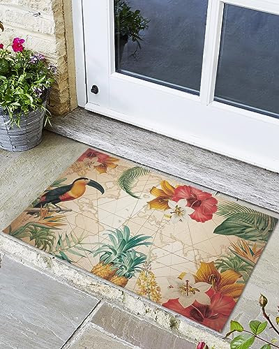 Eingangsmatte Farbenfrohe Tropische Blumen Und Tukan-Ananas Auf Retro-Karte Schmutzfangmatte rutschfeste Türmatte Waschbar Innen Fussmatte Für Flur Flure 40×60Cm