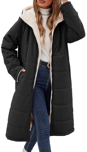 Tuopuda Winterjacke Damen Lang Warm Winter Stehkrage Teddyjacke Wasserdicht Reversibel Sherpa Daunenjacke Winddichter Daunenmantel Parka Pufferjacken Herbst Winter Geschenk für Frauen, Schwarz, M