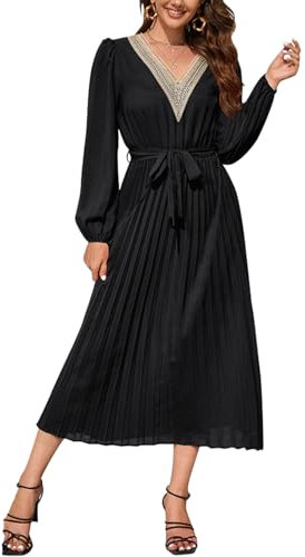 RoomTour Damen Elegant langes Kleid Spitze V-Ausschnitt Langarm Plissee Kleider