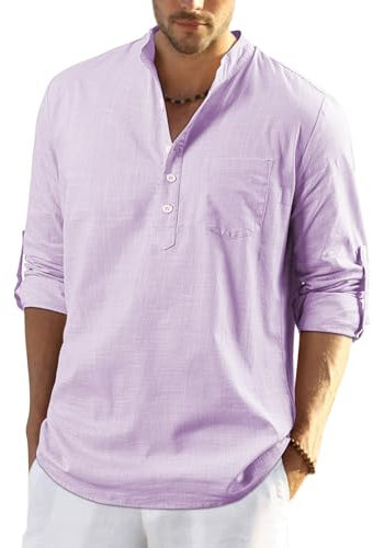 Enlision Mens Light Purple Cotton Linen Shirts Long Sleeve Shirt Button Down Henley Shirts Lightweight Casual Plain Tops for Men L