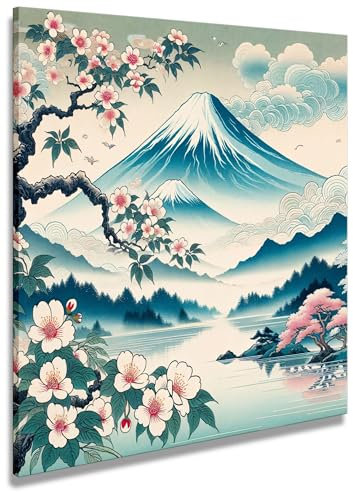 Artenor Quadro Orientali Fiori di Ciliegio e Monte Fuji in Stile Ukiyoe, 80 x 80 cm - Quadri Moderni Soggiorno, Camera da Letto, Cucina, Poster da Parete, Decorazioni Casa, Stampe Quadro su Tela