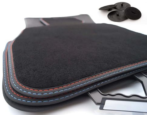 Fußmatten passgenau für BMW iX1 U11 ab 2022> Premium Velours Automatten Matten in Original Qualität 4-teilig, Schwarz, M Doppelnaht Rot Blau