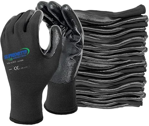 SUPREMETTF SUPREMELY TOUGH 24 Pairs PREMIUM NITRILE COATED Black Nylon Work Gloves Builders, Gardening Grip Gloves, Constuction Gloves, Mechanic Gloves (XL-10)