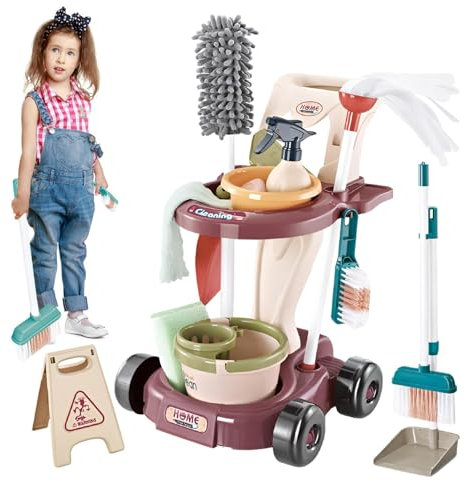 wiroouia Ensemble De Nettoyage pour Enfant, Chariot Menage Enfant, Aspirateur Enfant Jouet, Jouets De Nettoyage Cadeau pour Les Tout Petits avec Balai Vadrouille Plumeau Pelle Brosses Chiffon