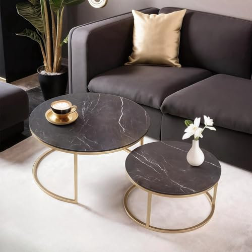Ginhow Couchtisch Rund Schwarz Marmor Optik mit Rahmen Gold, Wohnzimmertisch Schwarz für Couch, Runder Tisch Wohnzimmer Modern, Satztische fürs Wohnzimmer, Ø80 + Ø60 Groß Couchtisch Set