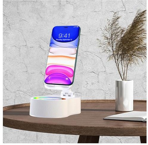 Birthday Gifts for Men Women Her Him Cell Phone Stand with Wireless Bluetooth Speaker and Charger and Colorful Ambient Light HD Surround Sound with Phones Tablets Cool Gadget for Men (White)