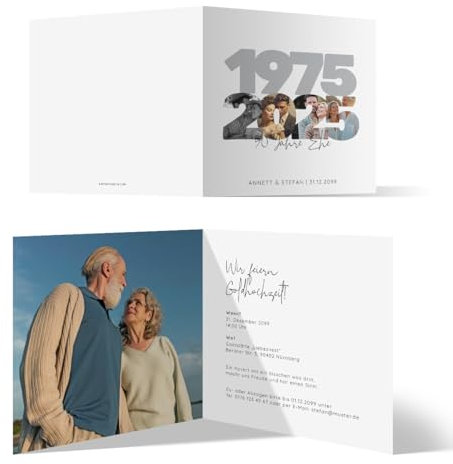 Personalisierte Goldhochzeit Foto Einladungskarten im Zahlenbilder Motiv, ab 10 bis 100 Stück selbst gestalten, quadratische Klappkarte, dickes 300g/qm Papier, detaillierter Druck