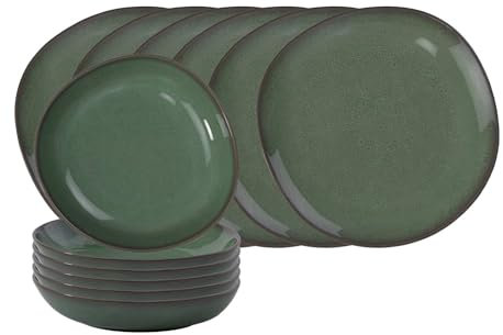 like. by Villeroy & Boch - Lave Vert Tafel-Set 12-teilig, Tafelservice aus Speisetellern (28 cm) und Suppenschalen (21 cm) für 6 Personen, Steingut, Grün