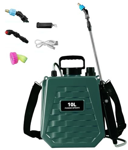 Spruzzatore elettrico da 5 litri alimentato a batteria, manico ricaricabile USB, tracolla per esterni, 3 ugelli nebulizzatori, spruzzatore portatile da giardino con bacchetta retrattile (10 L, verde)