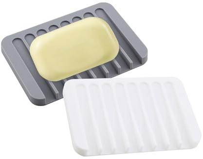 Inlefen Silicone Soap Dish, 2 Pack Square Non Slip Bath & Kitchen Soap Tray with Drain Holes, Quick Dry & Easy Clean Perfect for Travel, Home