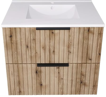 [en.casa] Waschbeckenunterschrank Veppenssan Badschrank mit Waschbecken aus Keramik Waschtisch mit 2 Schubladen 61 x 47 x 52 cm Waschtischunterschrank wandmontiert Eicheoptik