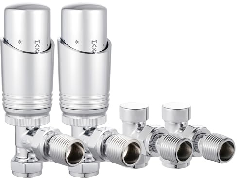 VANCOCO 2 Pack Chrome Angled Thermostatic Radiator Valve Set 1/2×15mm | TRV with Lockshield, H62 Brass, Energy Saving Design