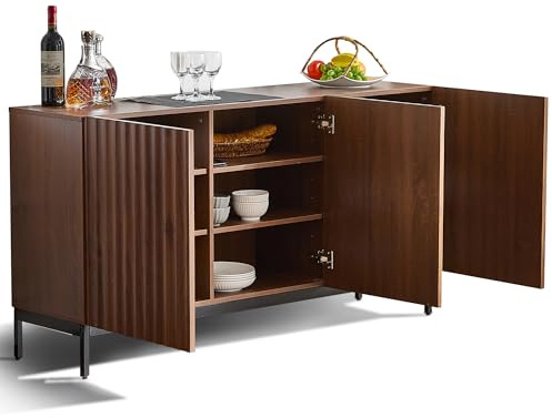 phosir Sideboard 150cm Eiche dunkel 3 Türen Schrank Mid Century Modern Sideboard mit welligem 3D Design und verstellbaren Einlegeböden Aufbewahrungsschrank für Wohnzimmer Esszimmer