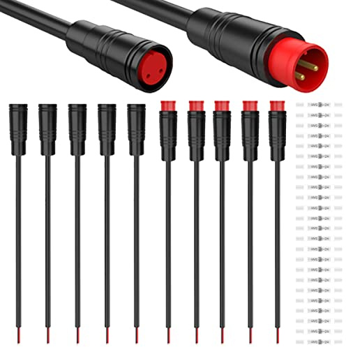 HAAMNING7 5 Paar wasserdichte Julet 2-Pin-Stecker E-Bike-Verlängerungskabel – 20 cm langes Kabel mit Buchse und Stecker für E-Bike-Beleuchtung, Gasgriff, Handbremse, inklusive 20 Schrumpfschläuchen
