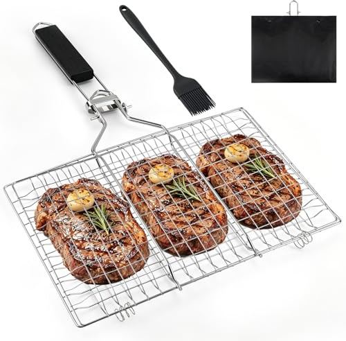 Fantasyon Portable BBQ Grill Basket, Stainless Steel BBQ Fish Grill Holder | with Removable Handle Perfect for Grilling Vegetables, Fishes, Shrimp - Come with Basting Brush and Storage Bag