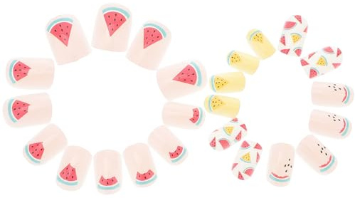 IDEANATEGRATE 24pcs Kids False Nails Full Cover Plastic Nail Art Decals with Cartoon Design Easy to Apply Stickers for Girls Party