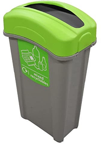 Glasdon Eco Nexus 85 Mixed Recyclables Recycling Bin (Grey, Green Sticker) – 85-Litre Mixed Waste Bin with Narrow Footprint – Slim Indoor Recycling Container