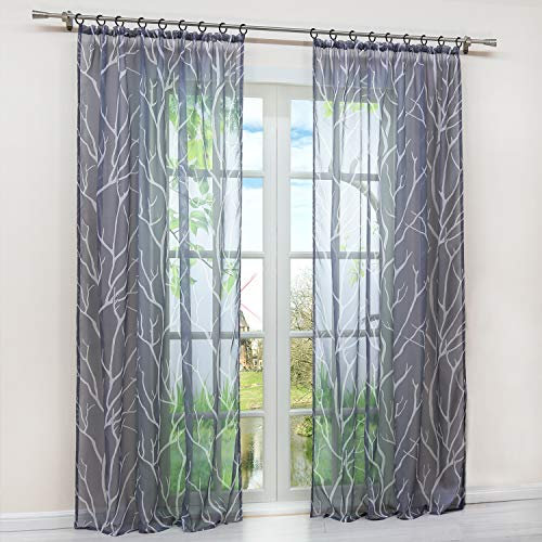 HongYa 1 Stück Transparente Gardine Schal mit Kräuselband Voile Vorhang Fensterschal Äste Muster H/B 145/140 cm Grau