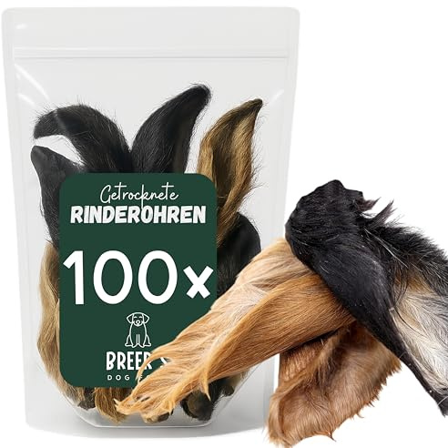BREERs Getrocknete Rinderohren mit Fell für Hunde 100 Stück Kausnack, Kauartikel, Hundeleckerli große Hunde, Knabberstange, Hunde Leckerlis mit Fell