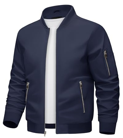 KEFITEVD Herren Bomberjacke Sommer Leichte Winddichte Übergangsjacke College Blouson mit Rundhalsausschnitt und Reißverschlusstaschen
