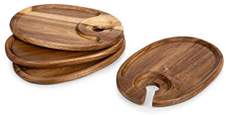 a Picnic Time brand Toscana Wine Appetizer Plate Set of 4 - Cocktail Plate with Glass Holder - Cheese Board with Wine Holder, (Acacia Wood)